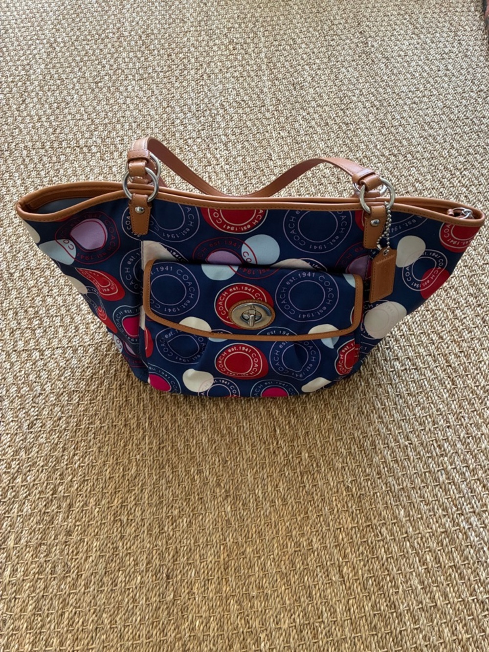 Large Coach Leah Tote Polka Dot Tote, Tan Leather Trim